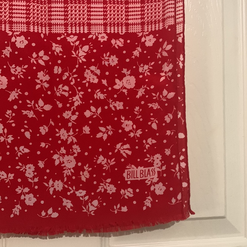 Bill Blass. Red & white dual print plaid floral rectangular scarf. Pop of color